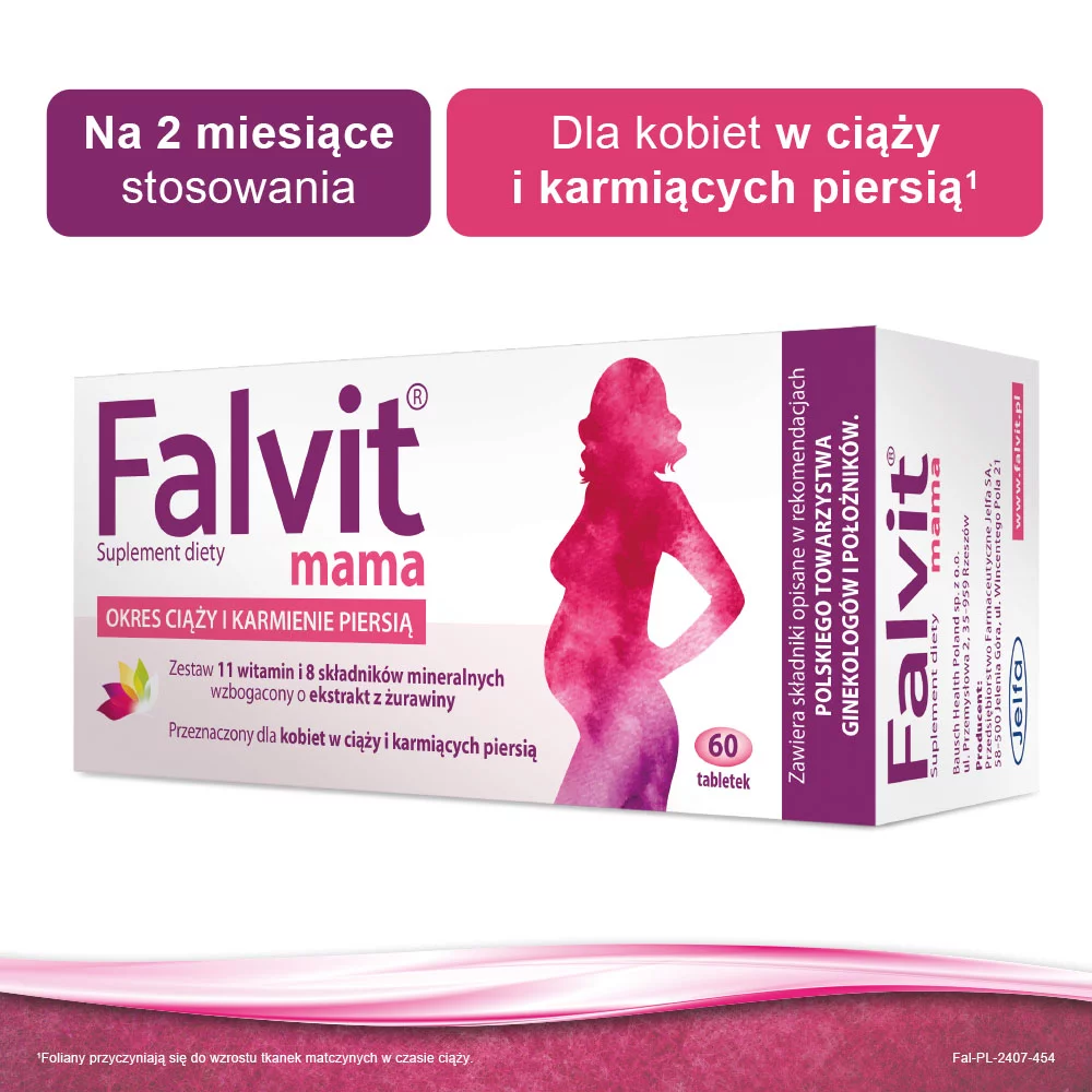 Falvit mama, tabletki z zestawem składników i witamin dla kobiet w ciąży i karmiących, 60 szt.