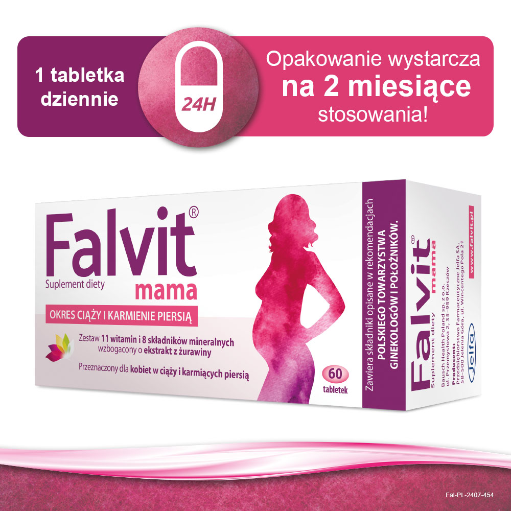 Falvit mama, tabletki z zestawem składników i witamin dla kobiet w ciąży i karmiących, 60 szt.