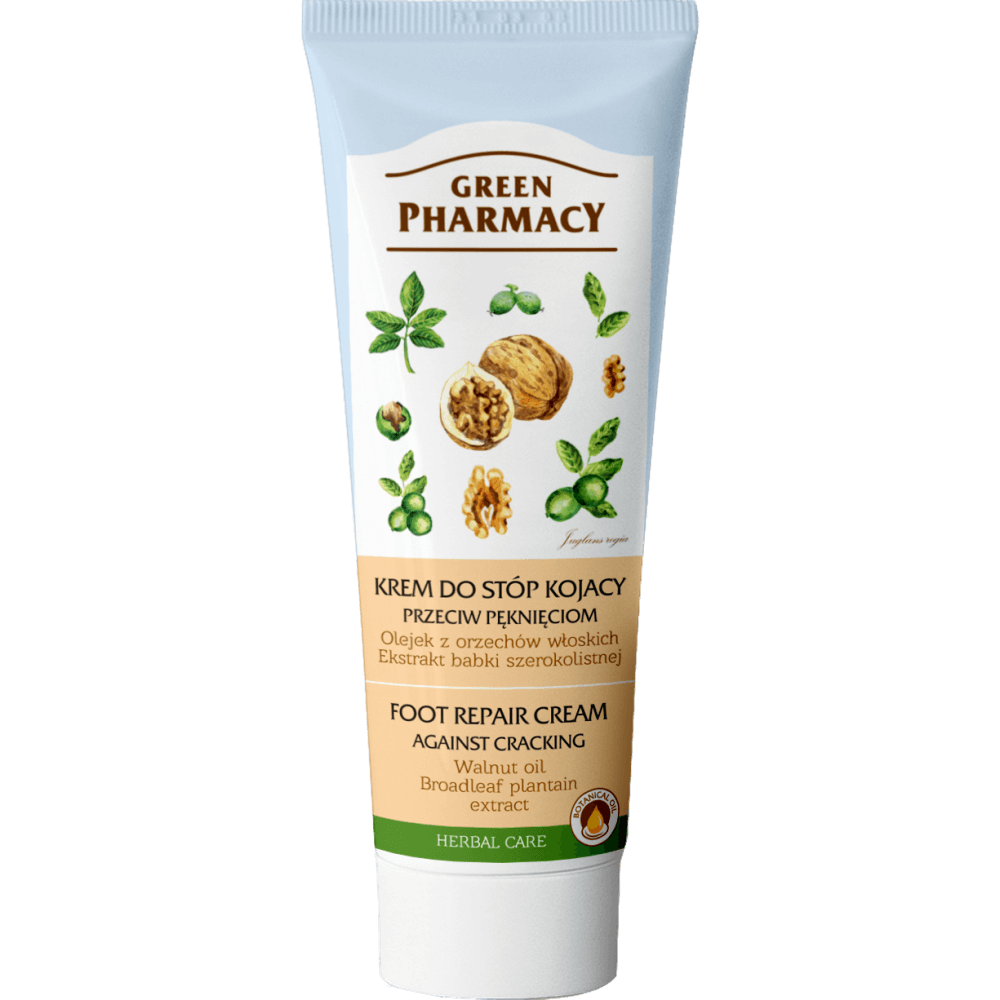 Green Pharmacy, krem do stóp przeciw pęknięciom z olejkiem z orzechów włoskich, ekstraktem babki szerokolistnej, 50 ml