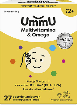 UmmU Multiwitamina & Omega 12+, pastylki do rozgryzania o owocowym smaku, 27 szt.