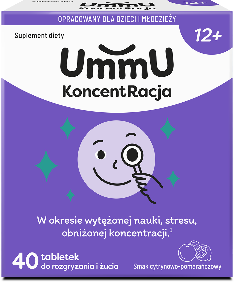 UmmU Koncentracja 12+ tabletki do rozgryzania i żucia, cytrynowo-pomarańczowe, 40 szt.