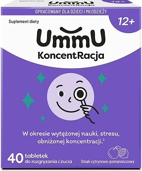 UmmU Koncentracja 12+, tabletki do rozgryzania i żucia, cytrynowo-pomarańczowe, 40 szt.