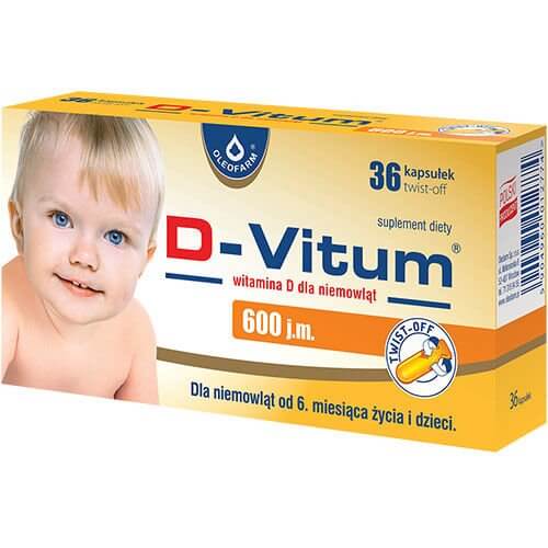 D-Vitum witamina D dla niemowląt 600 j.m., kapsułki ze składnikami wspierającymi prawidłowy wzrost i rozwój kości, 36 szt.