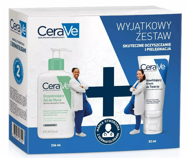 CeraVe, żel do mycia, 236 ml + krem do twarzy, 52 ml