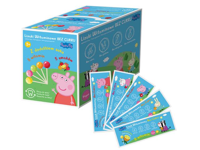 Lizaki witaminowe Peppa Pig, 8 witamin bez cukru z dodatkiem soku, mix 5 smaków, 50 szt.