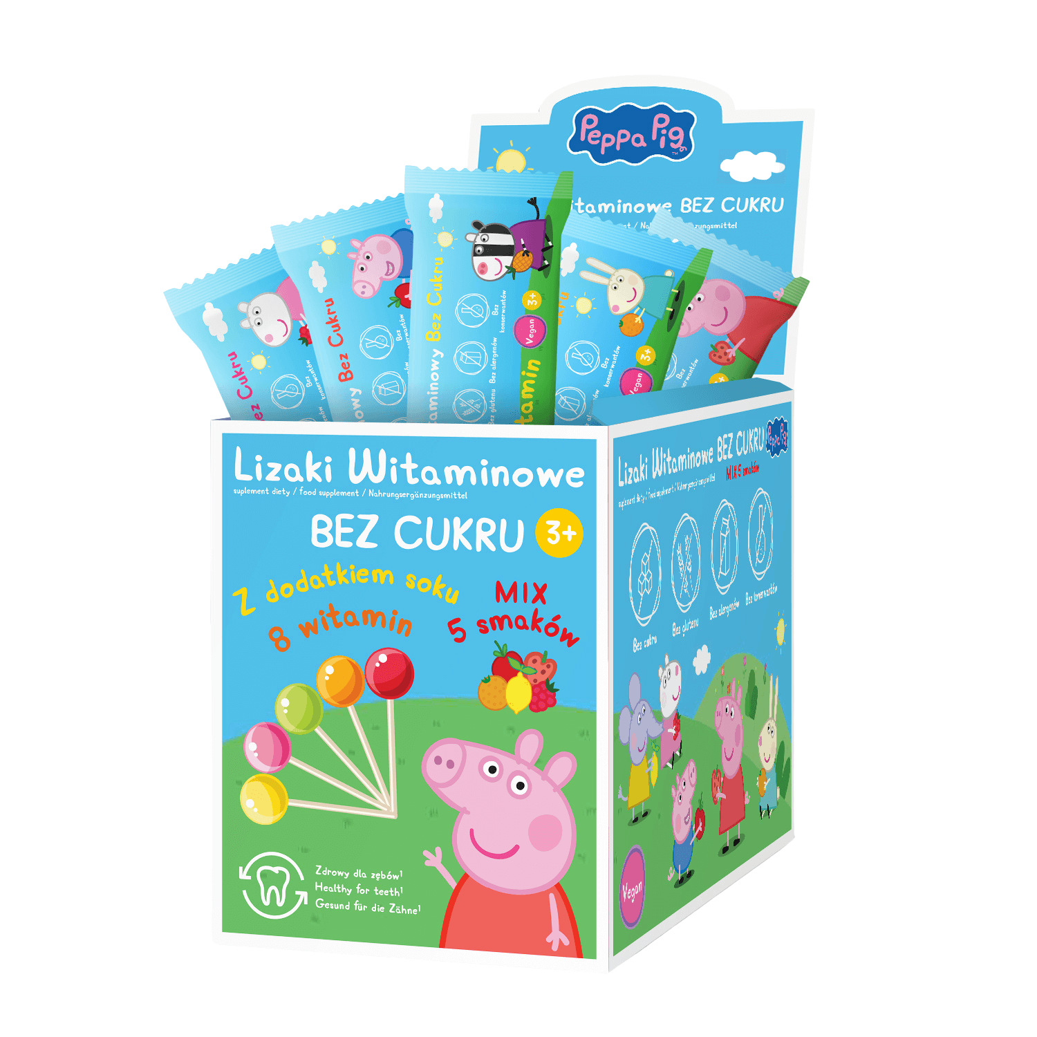 Lizaki witaminowe Peppa Pig 8 witamin bez cukru z dodatkiem soku, mix 5 smaków, 50 szt.