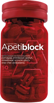 Apetiblock, tabletki ze składnikami wspomagającymi odchudzanie o smaku wiśniowo-malinowym, 50 szt.