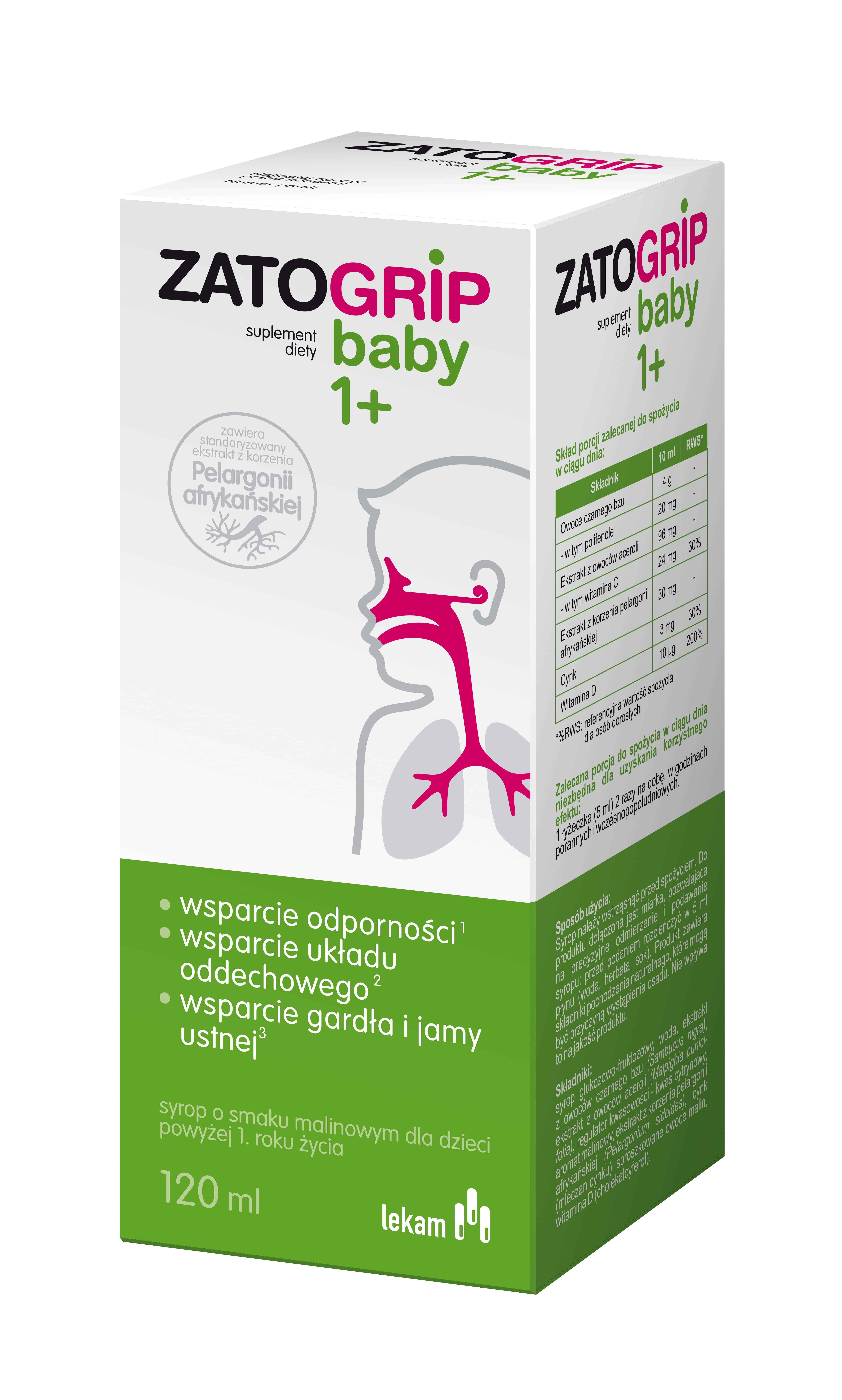 Zatogrip baby 1+, syrop ze składnikami wspierającymi odporność i układ oddechowy o smaku malinowym, 120 ml