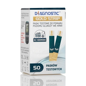 Diagnostic Gold Strip, test paskowy do mierzenia poziomu glukozy we krwi, 50 szt.