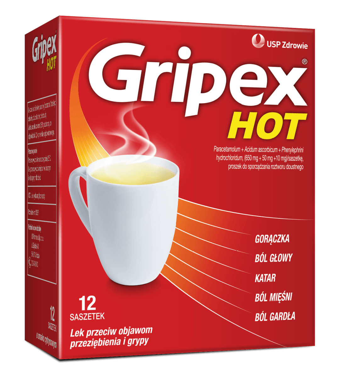 Gripex Hot, proszek przeciw objawom przeziębienia i grypy, 12 sasz.