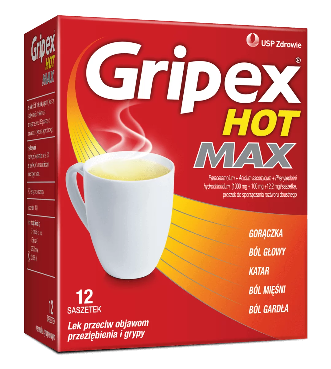 Gripex Hot Max, proszek przeciw objawom przeziębienia i grypy, 12 sasz.