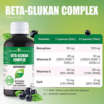 Beta-Glukan Complex , płyn z cynkiem i witaminą C o smaku czarnej porzeczki, 150 ml