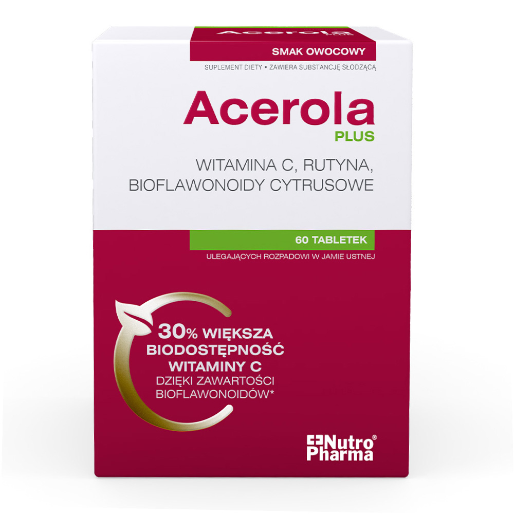 Acerola Plus Witamina C, tabletki ze składnikami wspomagającymi układ odpornościowy i funkcjonowanie naczyń krwionośnych, 60 szt.