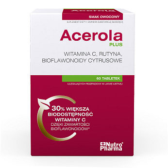 Acerola Plus Witamina C, tabletki ze składnikami wspomagającymi układ odpornościowy i funkcjonowanie naczyń krwionośnych, 60 szt.