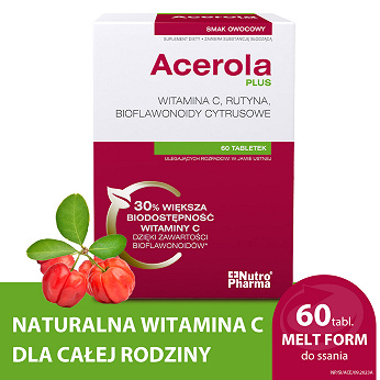 Acerola Plus Witamina C, tabletki ze składnikami wspomagającymi układ odpornościowy i funkcjonowanie naczyń krwionośnych, 60 szt.