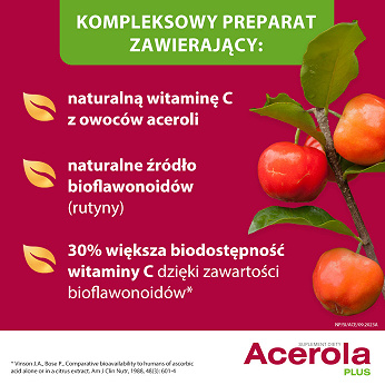 Acerola Plus Witamina C, tabletki ze składnikami wspomagającymi układ odpornościowy i funkcjonowanie naczyń krwionośnych, 60 szt.