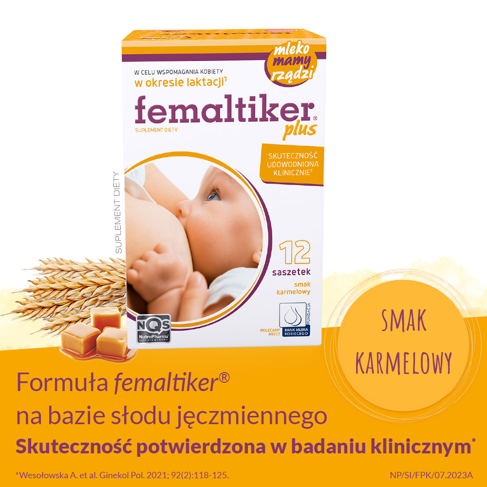 Femaltiker plus, wsparcie organizmu kobiety w okresie laktacji, smak karmelowy, 12 szt.