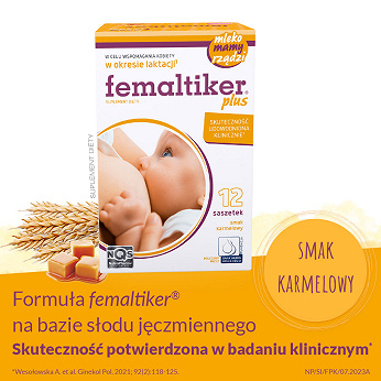 Femaltiker plus, wsparcie organizmu kobiety w okresie laktacji, smak karmelowy, 12 szt.