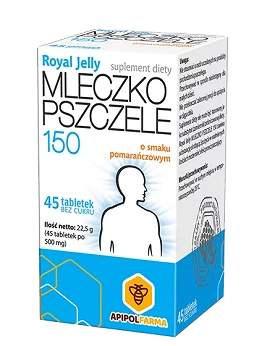 Royal Jelly Mleczko pszczele 150, tabletek do ssania o smaku pomarańczowym ze składnikami wspomagającymi sprawność fizyczną i psychiczną, 45 szt.