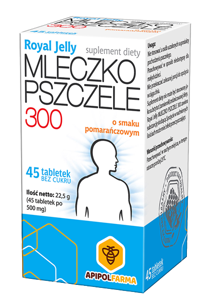 Royal Jelly Mleczko pszczele 300, tabletek do ssania o smaku pomarańczowym ze składnikami wspomagającymi sprawność fizyczną i psychiczną, 45 szt.