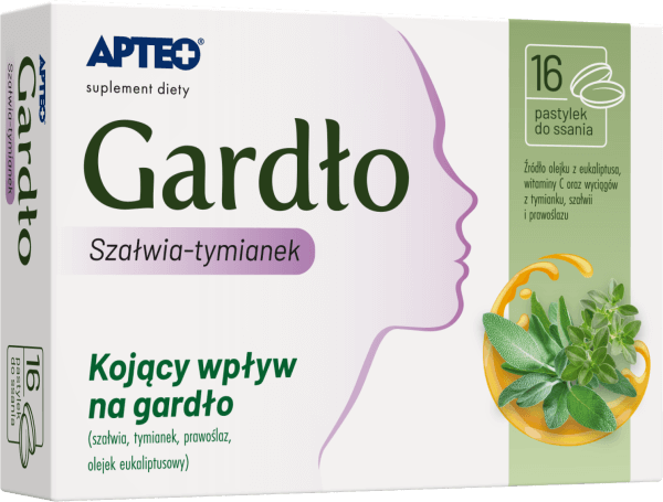 Gardło szałwia-tymianek APTEO  , pastylki do ssania ze składnikami kojącymi dla gardła, 16 szt.