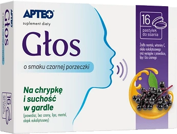 Głos APTEO, pastylki ze składnikami na chrypkę i suchość w gardle o smaku czarnej porzeczki, 16 szt.
