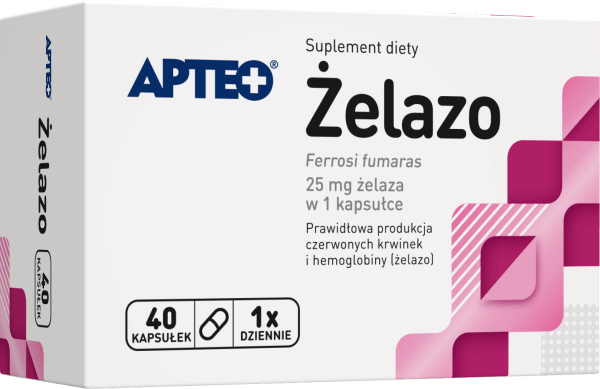 Żelazo APTEO , kapsułki ze składnikami wspierającymi prawidłową produkcję czerwonych krwinek i hemoglobiny, 40 szt.