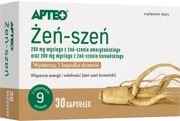 Żeń-szeń APTEO, kapsułki ze składnikami na witalność, energię, sprawność fizyczną, umysłową, 30 szt.