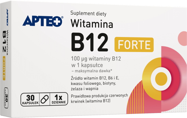Witamina B12 Forte APTEO kapsułki ze składnikami wspierającymi prawidłową produkcję czerwonych krwinek, 30 szt.