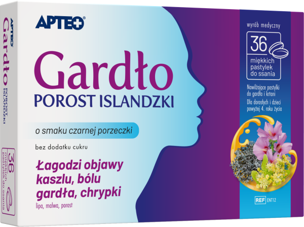 Gardło Porost Islandzki APTEO CARE, pastylki do ssania na objawy kaszlu, bólu gardła, chrypki o smaku czarnej porzeczki, 36 szt.