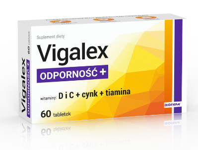 Vigalex Odporność+, tabletki uzupełniające dietę w witaminy C, D, B1 oraz cynk, 60 szt.