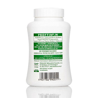 Proftin M , zasypka do stóp o działaniu antybakteryjnym i przeciwgrzybiczym, 100 g
