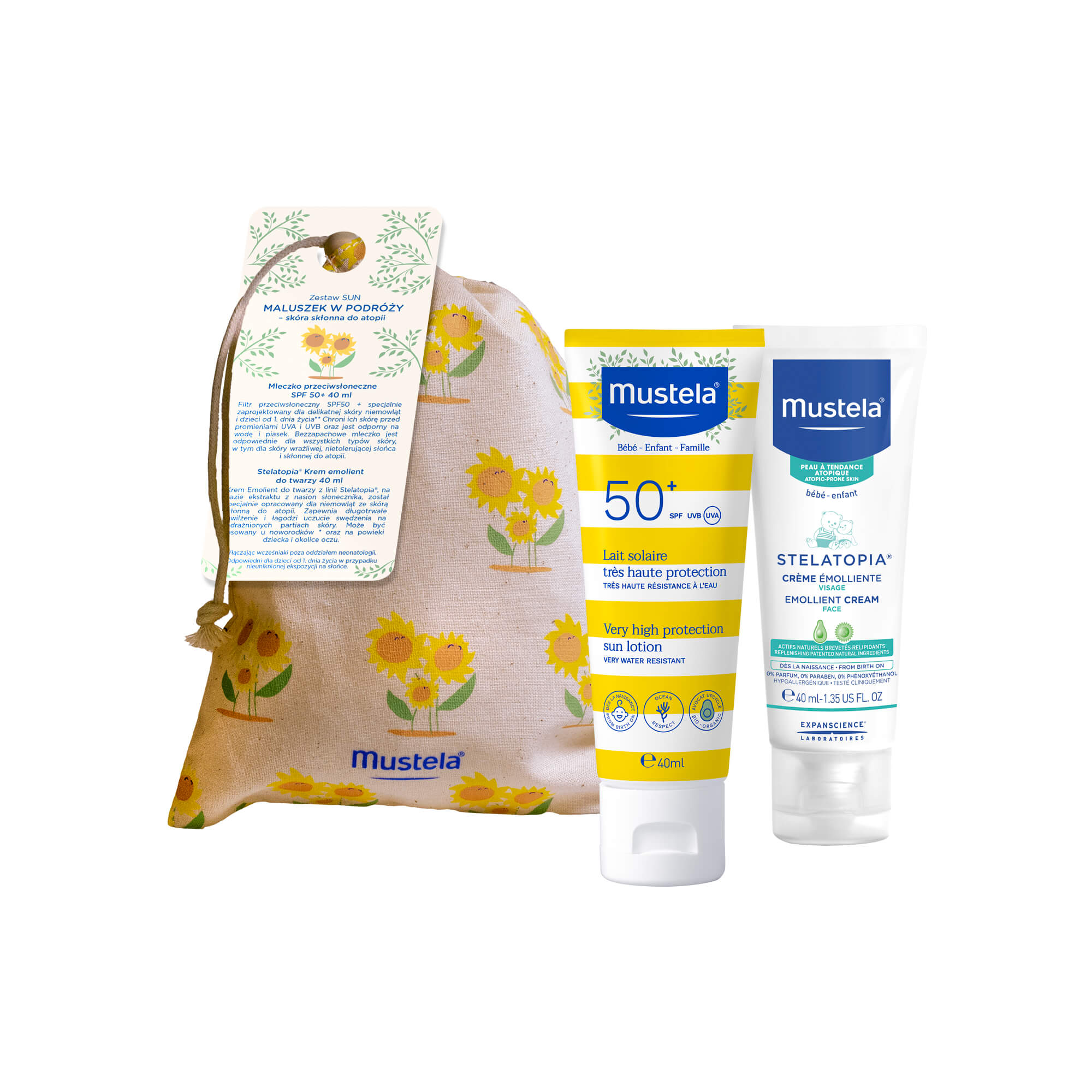 Mustela Sun, mleczko przeciwsłoneczne SPF 50+, 40 ml + krem emolient  do twarzy, 40 ml