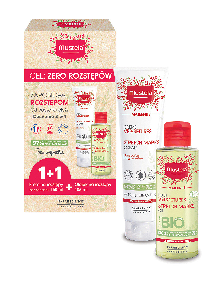 Mustela Maternite Cel Zero Rozstępów , zestaw krem na rozstepy bez zapachu 150 ml + olejek na rozstępy 105 ml