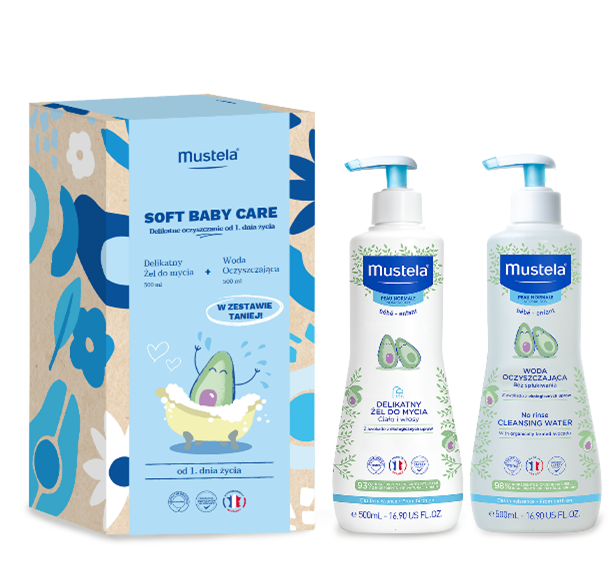 Mustela  Soft Baby Care Delikatne Oczyszczanie, zestaw: żel do mycia, 500 ml + woda oczyszczająca bez spłukiwania, 500 ml