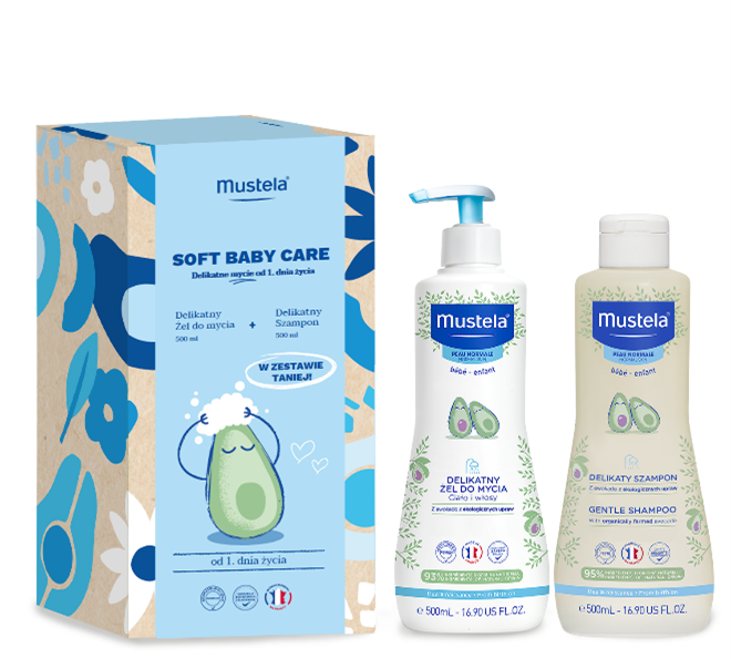Mustela Soft Baby Care Delikatne Mycie, zestaw: żel do mycia, 500 ml + szampon, 500 ml