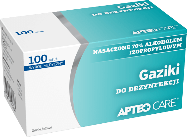 Gaziki do dezynfekcji APTEO CARE, nasączone 70% alkoholem izopropylowym, 100 szt.