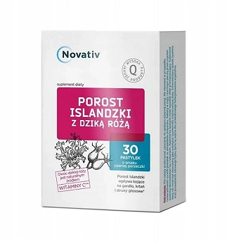 Novativ Porost Islandzki z dziką różą, pastylki ze składnikami wpływającymi kojąco na gardło, krtań i struny głosowe, 30 szt.