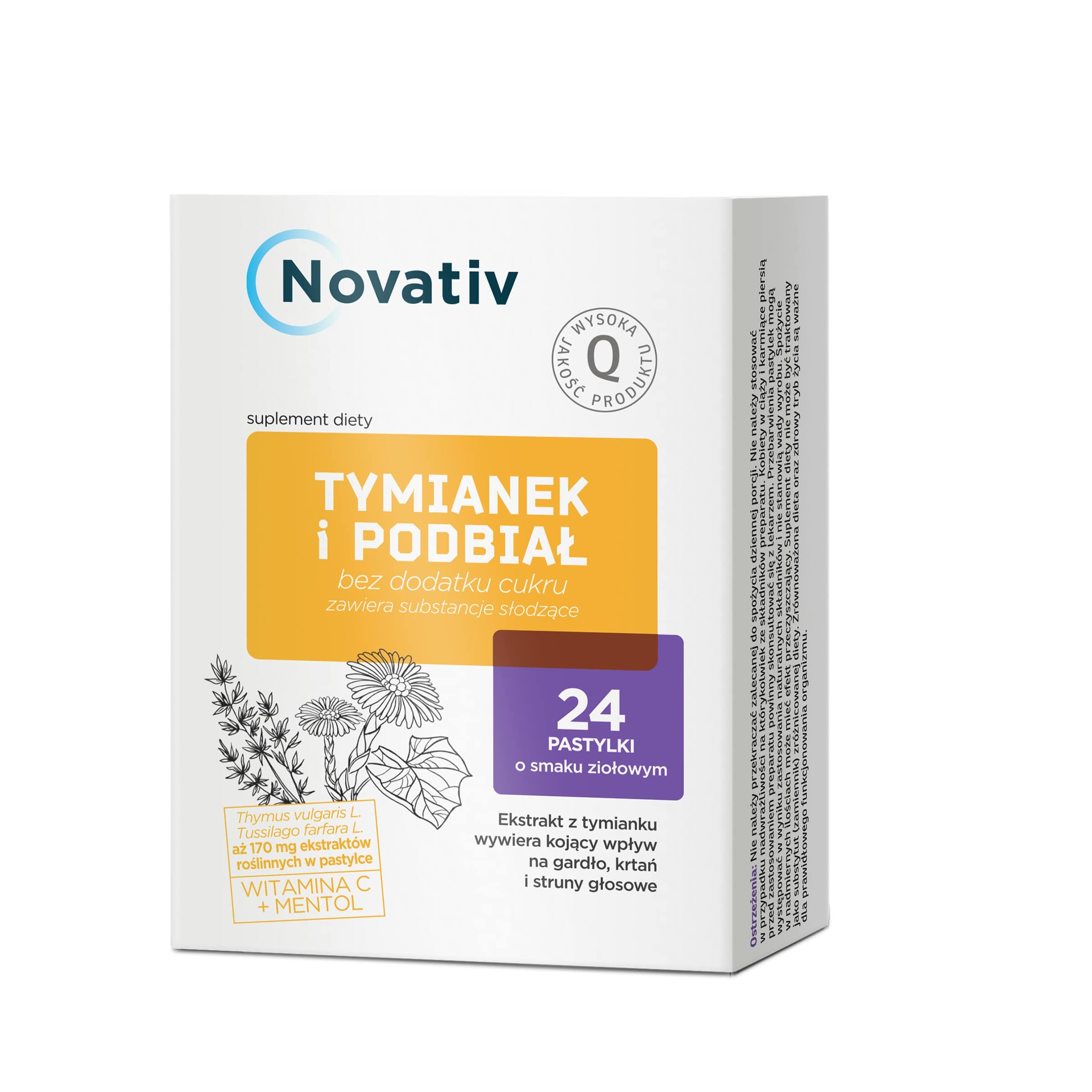 Novativ Tymianek i Podbiał, pastylki łagodzące ból i podrażnienie gardła, 24 szt. KRÓTKA DATA 31.07.2025