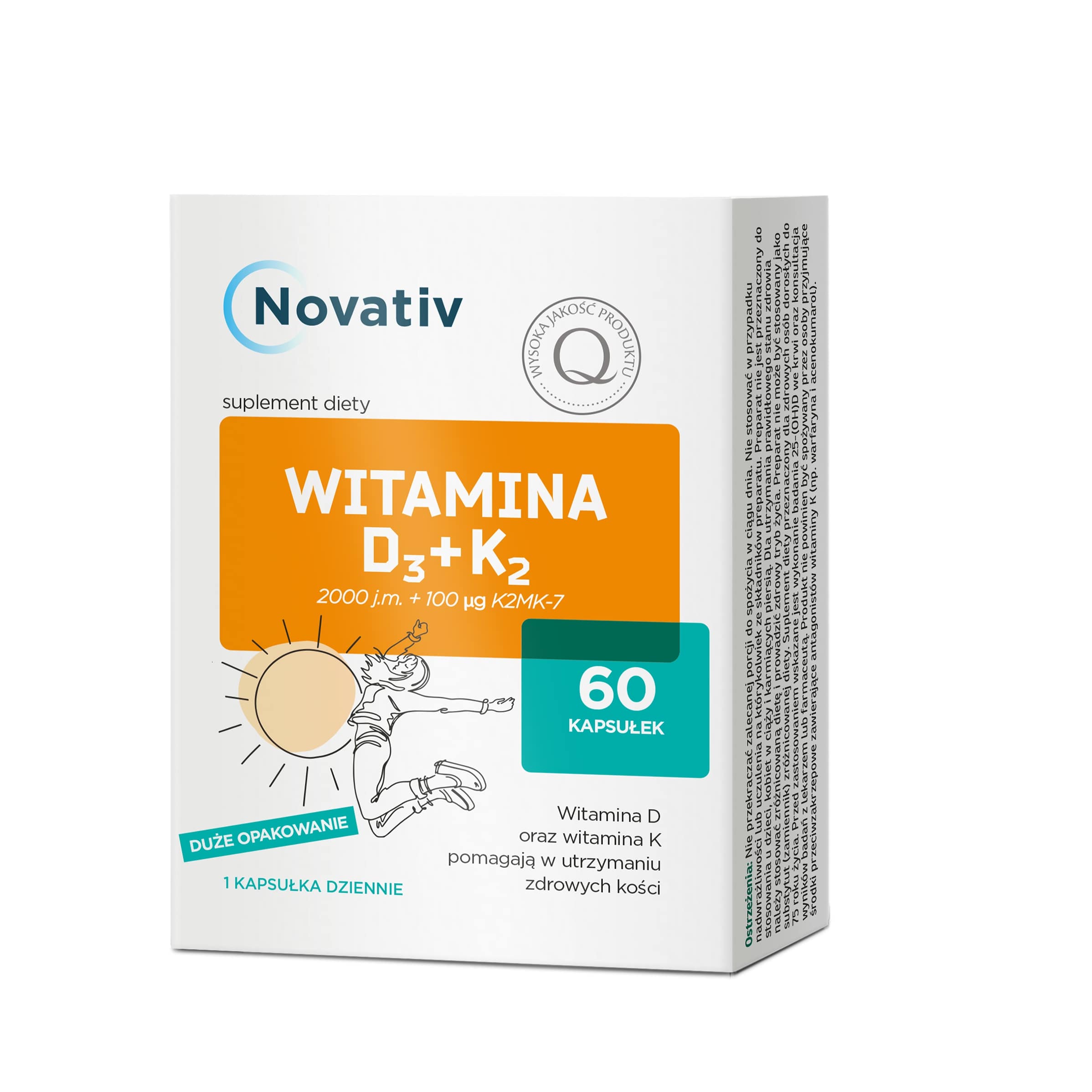 Novativ Witamina D3+K2, kapsułki ze składnikami wspomagającymi utrzymanie zdrowych kości, 60 szt.