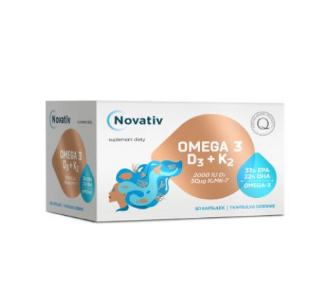 Novativ Omega 3 D3+K2, kapsułki ze składnikami wspomagającymi funkcjonowanie serca, 60 szt.