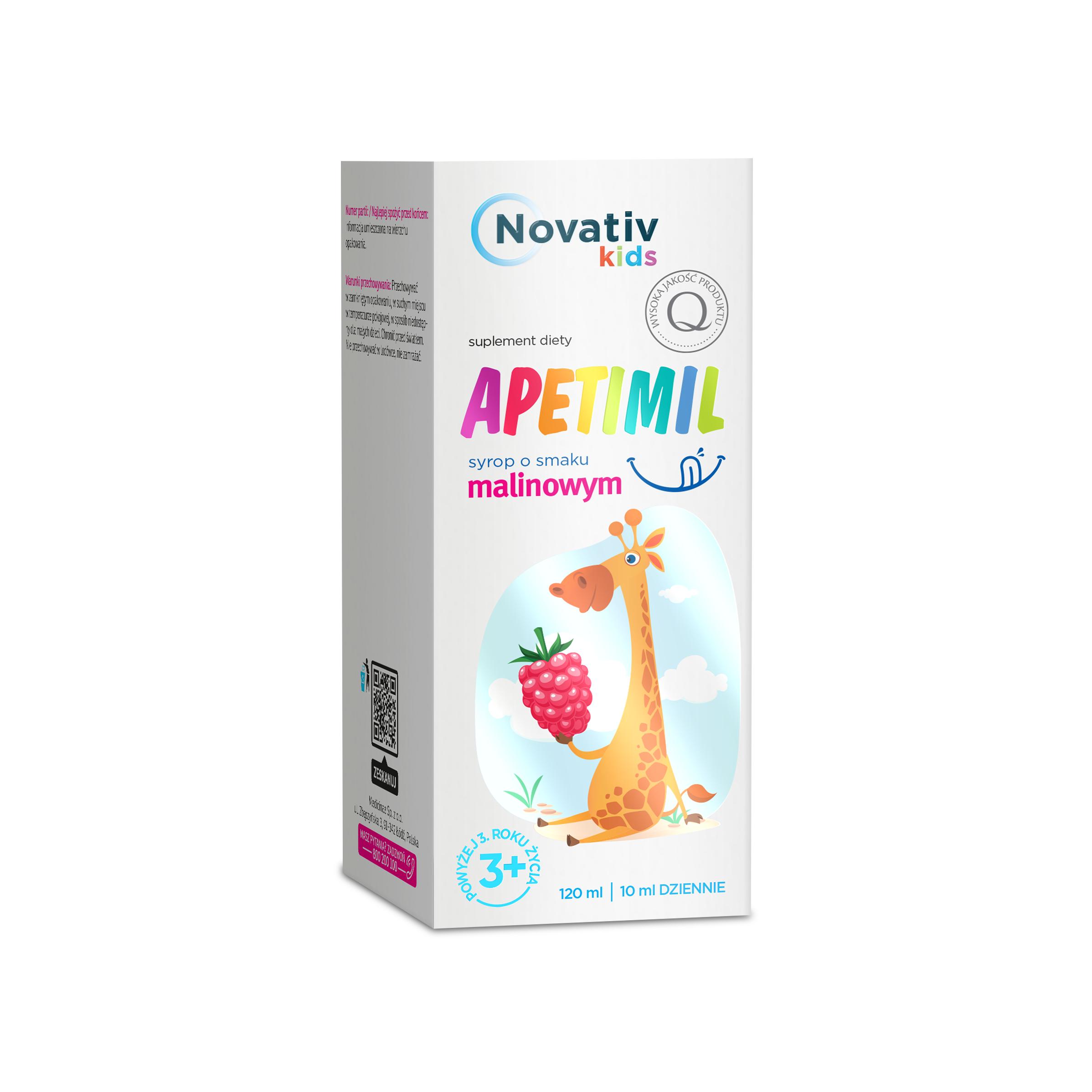Novativ Kids Apetimil syrop ze składnikami wspierającymi apetyt u dzieci o smaku malinowym, 120 ml