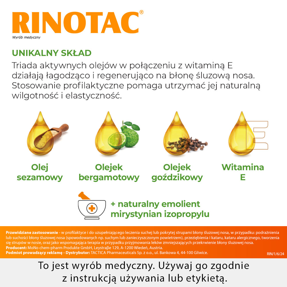 RINOTAC, spray do nosa, nawilżenie i regeneracja błony śluzowej nosa, 10 ml