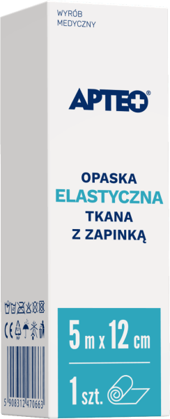 Opaska elastyczna tkana z zapinką APTEO podtrzymującą opatrunki, uciskowa lub usztywniająca, 5 m x 12 cm, 1 szt.