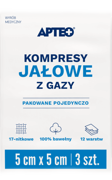 Kompresy jałowe APTEO, do bezpośredniego opatrywania zranionej skóry, 5 x 5 cm, 3 szt.