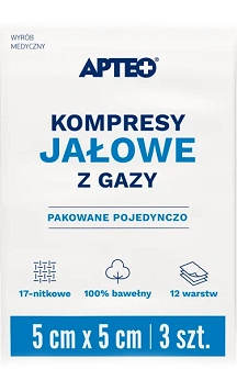 Kompresy jałowe APTEO, do bezpośredniego opatrywania zranionej skóry, 5 x 5 cm, 3 szt.