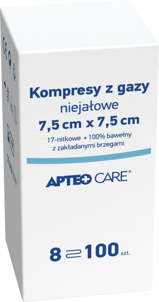 Kompresy niejałowe z gazy APTEO, kompresy do bezpośredniego opatrywania zranionej skóry, 7,5 x 7,5 cm, 100 szt.