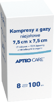 Kompresy niejałowe z gazy APTEO, kompresy do bezpośredniego opatrywania zranionej skóry, 7,5 x 7,5 cm, 100 szt.