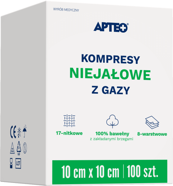 Kompresy niejałowe z gazy APTEO, do bezpośredniego opatrywania zranionej skóry, 10 x 10 cm, 100 szt.