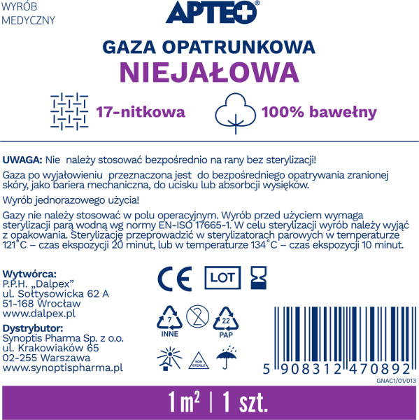 Gaza niejałowa APTEO, 17-nitkowa, 1 m2, 1 szt.